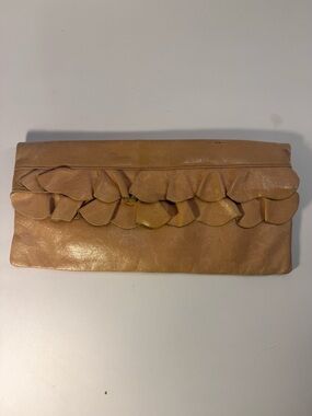 HOBO Tan Leather Clutch with Teal Paisley Lining